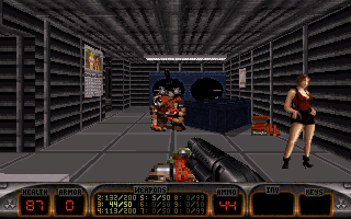 First-person shooter combat in a dimly lit office environment
