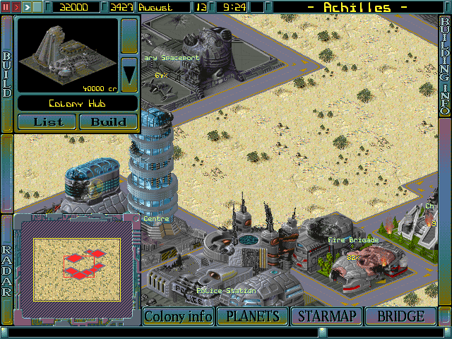Colony building screen with planetary infrastructure layouts