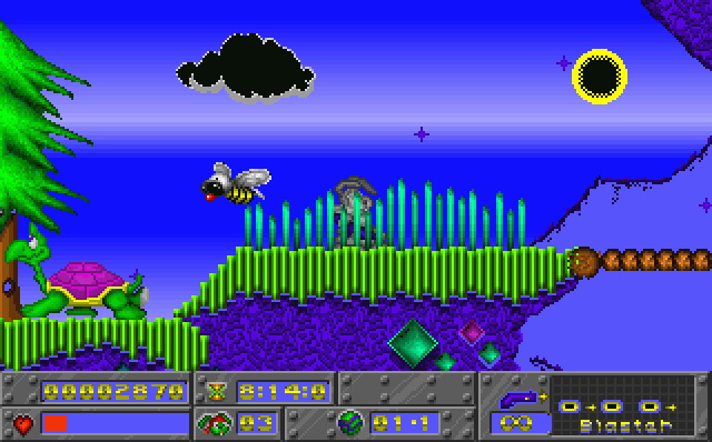 Jazz Jackrabbit firing weapons at enemies in a sci-fi stage