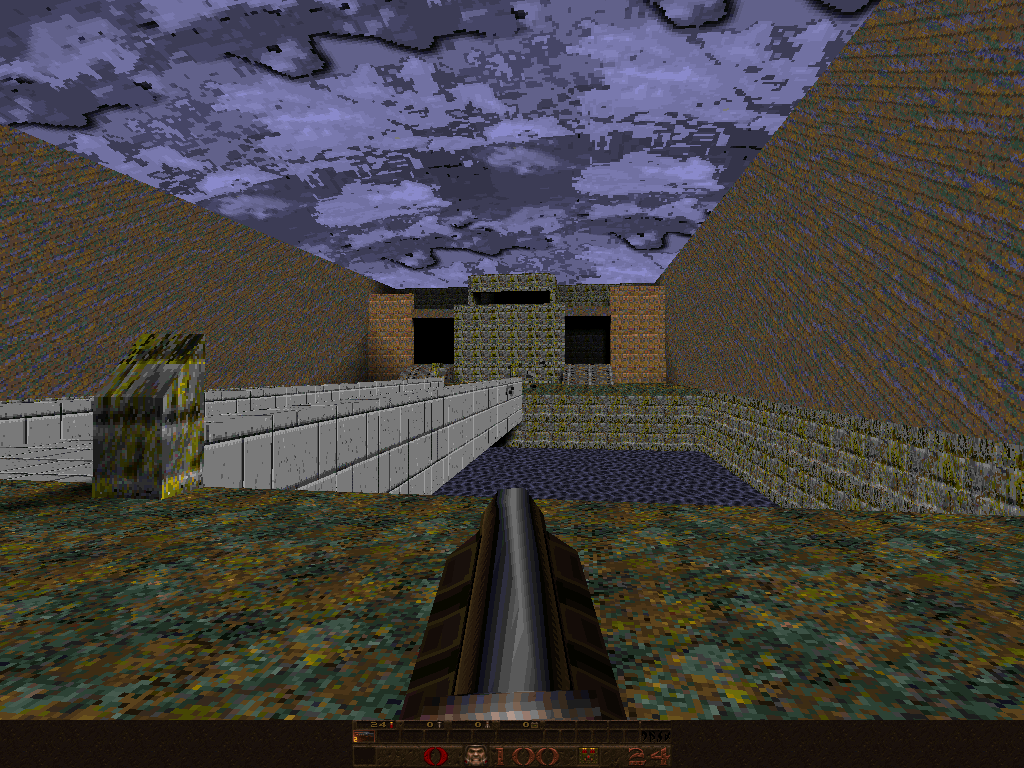 First person perspective in a dark medieval hall filled with monsters